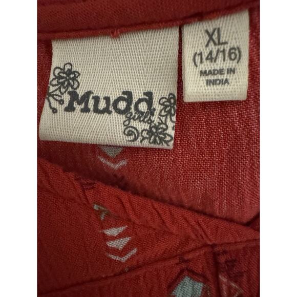 Mudd Girls Boho Crinkle Geometric Y2K Knot Hem Vibrant Bell Sleeves Red Top XL - Picture 3 of 8